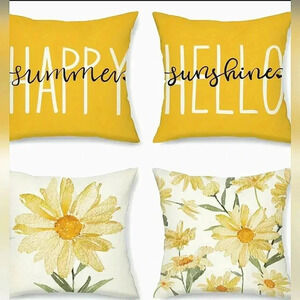 Bright Yellow Floral Accent Summer Bright Cheerful Pillow Covers Set Of 4